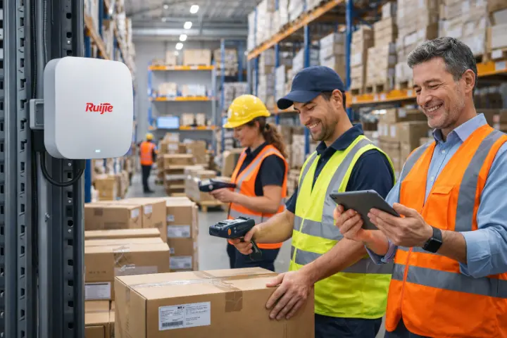 Entrepôt logistique moderne équipé d’un Wi-Fi industriel Ruijie, avec équipes utilisant scanners et tablettes sans interruption.