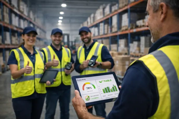 Équipe logistique en entrepôt utilisant scanners et tablettes avec tableau de bord affichant des indicateurs de productivité positifs grâce à un Wi-Fi fiable