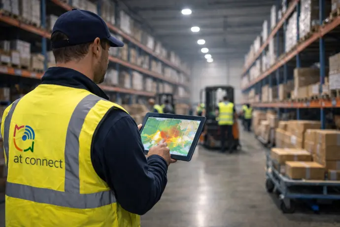 Technicien AT Connect analysant la couverture Wi-Fi industrielle dans un entrepôt à l’aide d’une tablette affichant une cartographie de signal