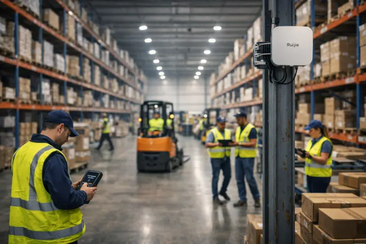 Entrepôt logistique moderne équipé de bornes Wi-Fi industrielles Ruijie, opérateurs connectés utilisant scanners mobiles sans interruption
