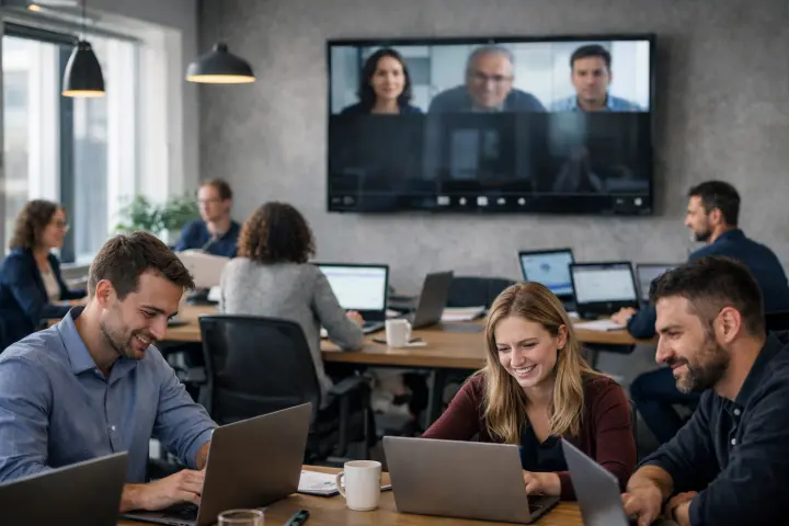 PME utilisant un wifi professionnel stable pour la visioconférence et le travail collaboratif