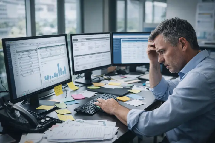 Dirigeant de PME débordé utilisant Excel, CRM et facturation séparés avant la mise en place d’Odoo ERP