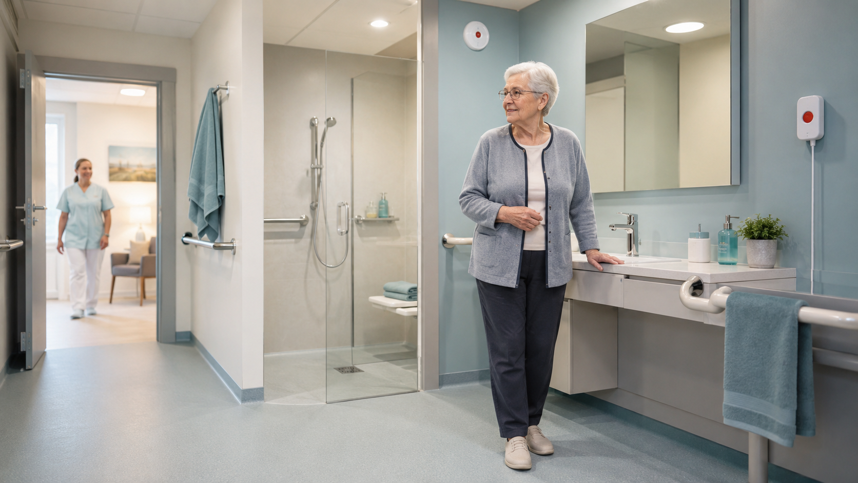 Salle de bain en EHPAD adaptée aux résidents avec barres d’appui, sol sécurisé et dispositif d’appel malade
