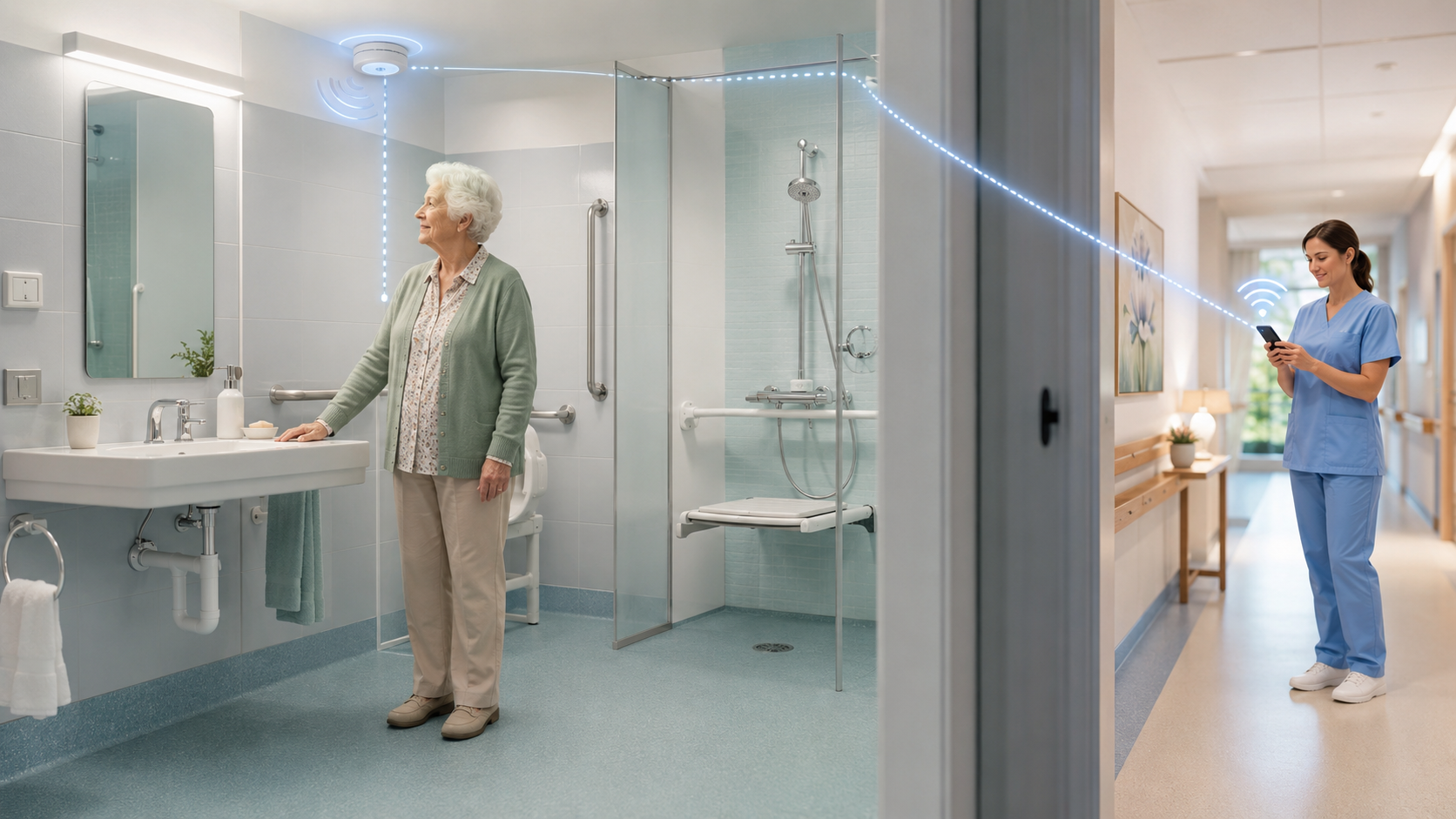 Salle de bain en EHPAD avec capteur non intrusif relié à une alerte sur smartphone soignant